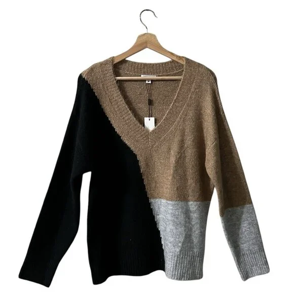 Vigoss Sweater Size Medium Colorblock V Neck Knit Cozy Pullover Long Sleeve Tan - Picture 2 of 10